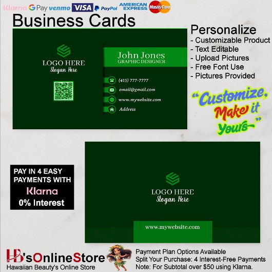 Green QR Code Business Cards 22 Pack mit 100 Visitenkarte