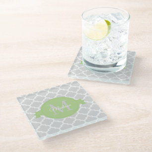Green Quatrefoil Personalisiert Glass Untersetzer