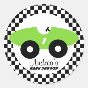 Green Race Car Baby Dusche Runder Aufkleber