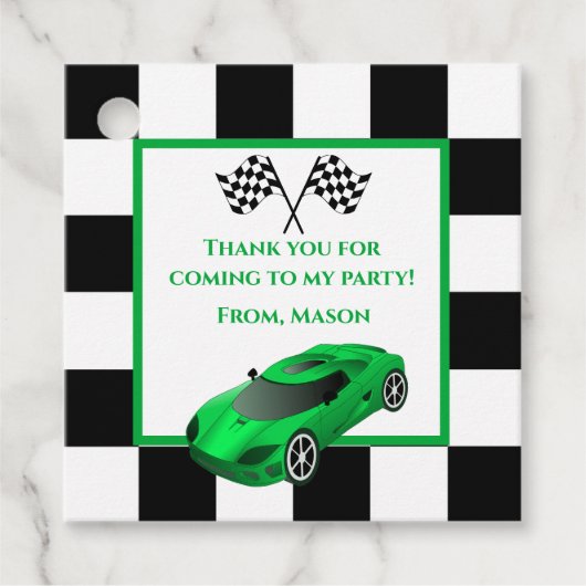 Green Race Car | KINDERGEBURTSTAG PARTY Geschenkanhänger (Vorderseite)