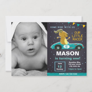 Green Racer Car Geburtstag Einladung mit Foto
