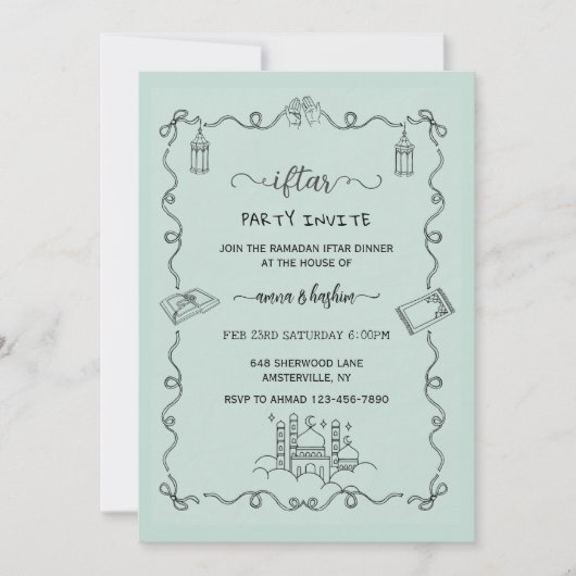 Green Ramadan Bow doodle ramadan iftar invitation Einladung (Vorderseite)