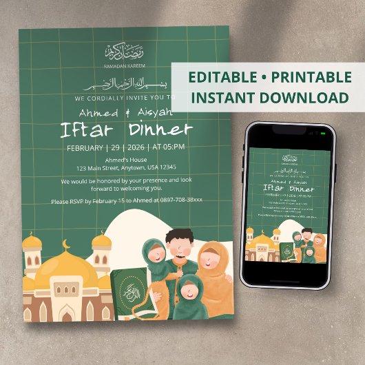 Green Ramadan Iftar Invitation with Mosque, Quran Einladung