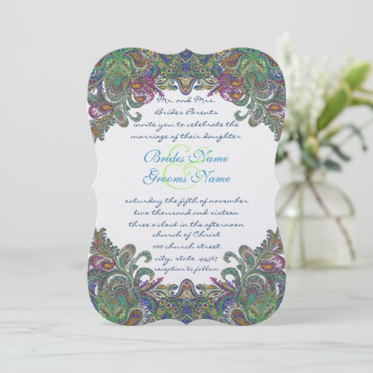 Green Raspberry Blue Damask Einladung (Stehend Vorderseite)