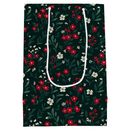Green red and white Christmas flowers Mittlere Geschenktüte (Rückseite)