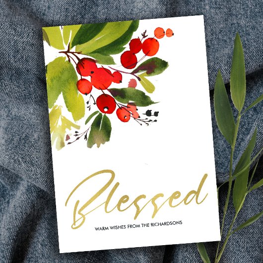 GREEN RED BERRIES WATERCOLOR CHRISTMAS BLESSED KARTE