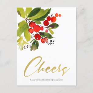 GREEN RED BERRIES WATERCOLOR CHRISTMAS CHEERS FEIERTAGSPOSTKARTE