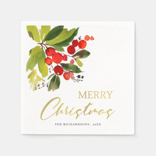 GREEN RED BERRIES WATERCOLOR MERRY CHRISTMAS SERVIETTE