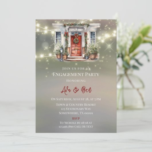 Green Red Berry Decor Light Engagement Party Einladung (Stehend Vorderseite)