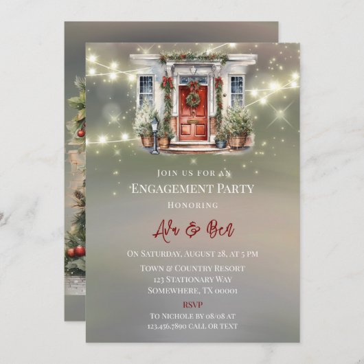 Green Red Berry Decor Light Engagement Party Einladung (Vorne/Hinten)