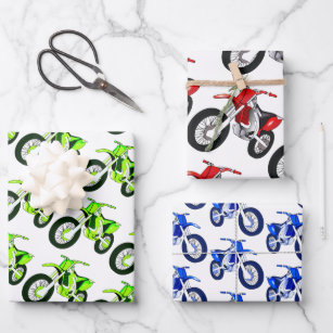 Green, Red, Blue Dirt Bike Motorrad Geschenkpapier Set