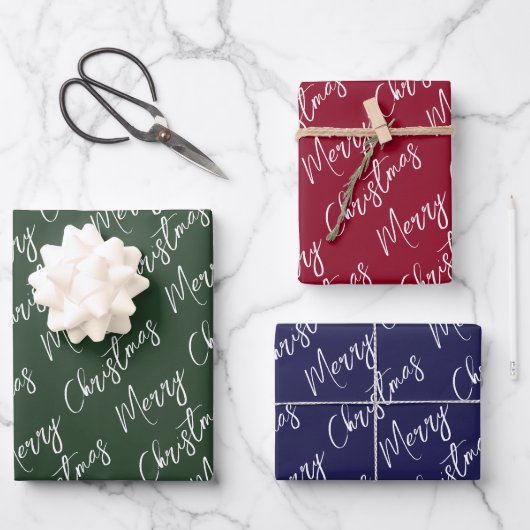 Green Red Blue Elegant Script Merry Christmas Geschenkpapier Set (Vorderseite)