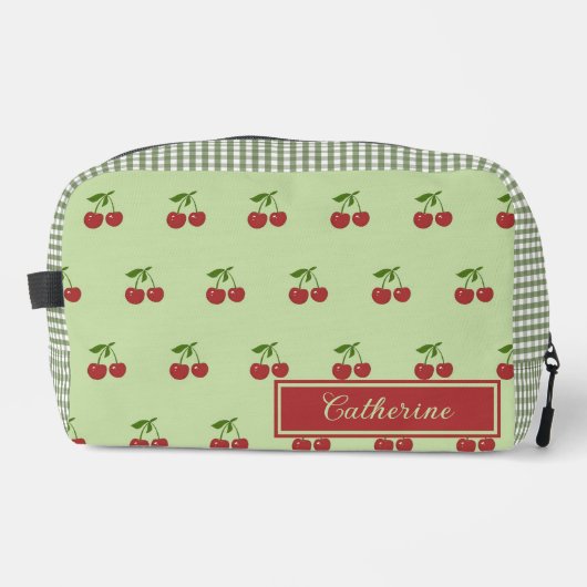 Green & Red Cherry Gingham Pattern Simple Fruit Waschbeutel (Vorderseite)