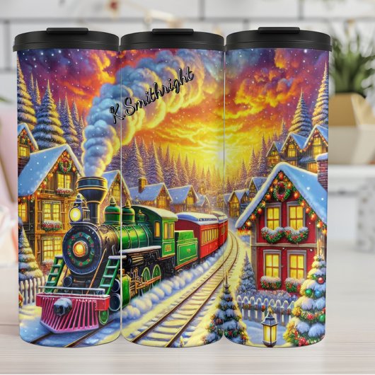 Green Red Christmas Train Village Sunset Thermosbecher
