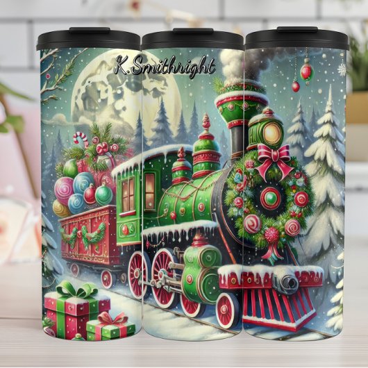 Green Red Festive Train Moonlit Gifts Thermosbecher