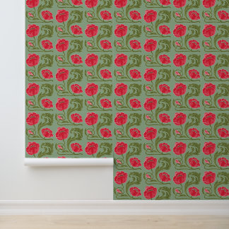 Green Red Floral Art Nouveau Tapete