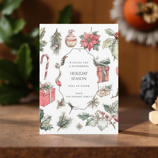 Green Red Floral Whimsical Watercolor Holiday Card