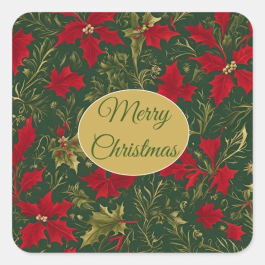 Green Red Gold, Holly und Amaryllis Weihnachten Quadratischer Aufkleber (Vorderseite)