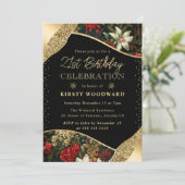 Green Red & Gold Winter Blume 21. Geburtstag Einladung (Stehend Vorderseite)