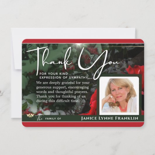 Green & Red Holiday Foto Beileid Danke Karte (Vorderseite)