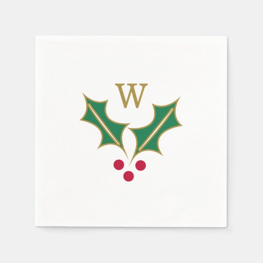 Green Red Holly Berries Christmas Monogram Serviette (Vorderseite)