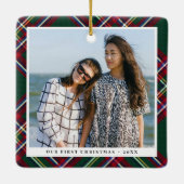 Green Red Kariert First Christmas Together Foto Keramikornament (Rückseite)