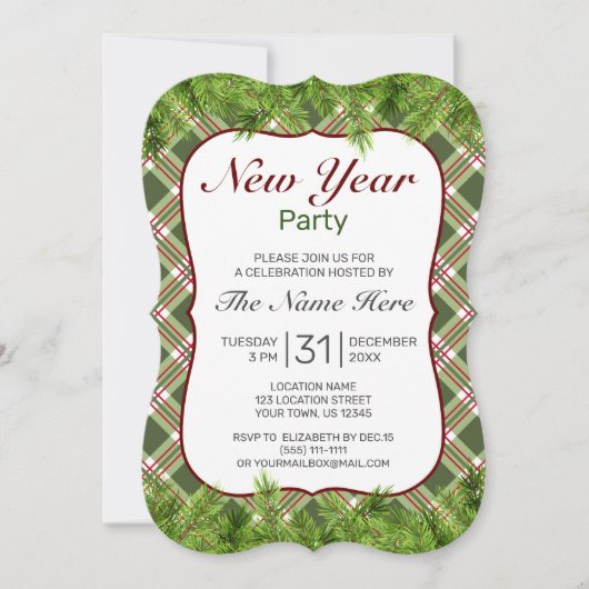 Green Red Kariert & Pine Branch New Year Party Einladung (Vorderseite)