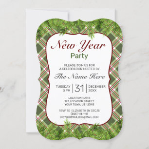 Green Red Kariert & Pine Branch New Year Party Einladung