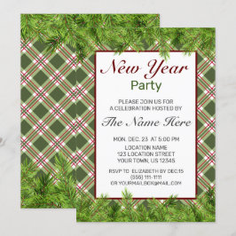 Green Red Kariert & Pine Branch New Year Party Einladung