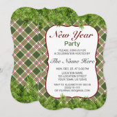 Green Red Kariert & Pine Branch New Year Party Einladung (Vorne/Hinten)