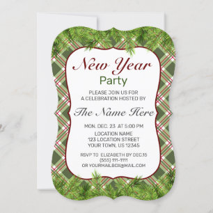 Green Red Kariert & Pine Branch New Year Party Einladung