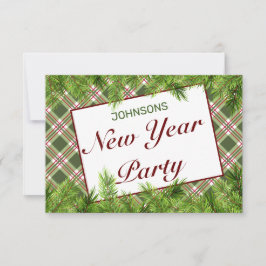 Green Red Kariert & Pine Branch New Year Party RSVP Karte