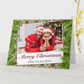 Green Red Kariert & Pine Foto Weihnachtsgrüße Karte (Gelbe Blume)