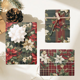 Green Red Kariert & Poinsettias Weihnachtsfeiertag Geschenkpapier Set
