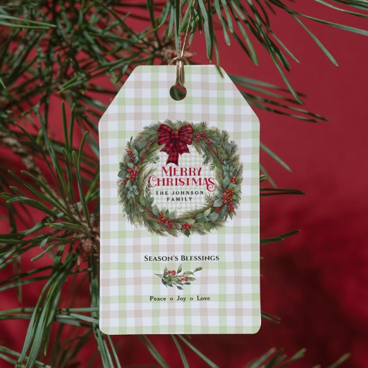 Green Red Kariert Rustic Farmhouse Weihnachtskranz Geschenkanhänger