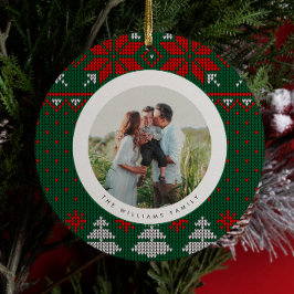 Green & Red Knit Sweater Pattern Photo Keramik Ornament