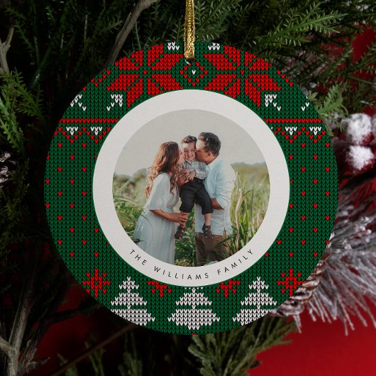 Green & Red Knit Sweater Pattern Photo Keramik Ornament