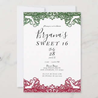 Green & Red Lace Elegant Fiesta Sweet 16 Party Einladung