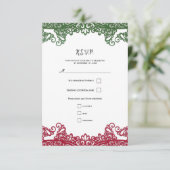 Green & Red Lace Elegant Fiesta Wedding RSVP Karte (Stehend Vorderseite)