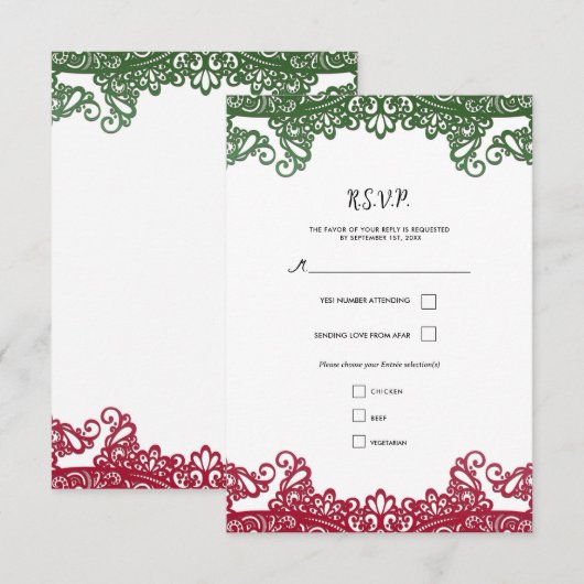 Green & Red Lace Elegant Fiesta Wedding RSVP Karte (Vorne/Hinten)