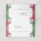 Green Red Lace Elegant Fiesta Wedding Tischnummer Platzkarte (Außenseite Aufgefaltet)