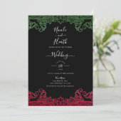 Green & Red Lace Elegante Fiesta Black Wedding Einladung (Stehend Vorderseite)