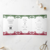 Green & Red Lace Elegante Fiesta Wedding Dreifach Gefaltete Einladung (Innenseite)