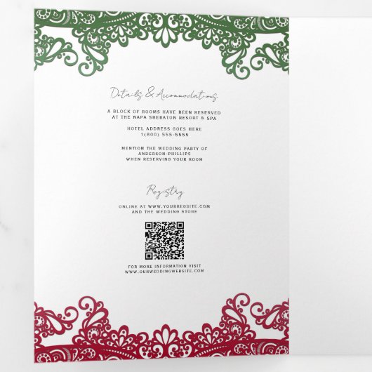 Green & Red Lace Elegante Fiesta Wedding Dreifach Gefaltete Einladung (Innen Erste Seite)