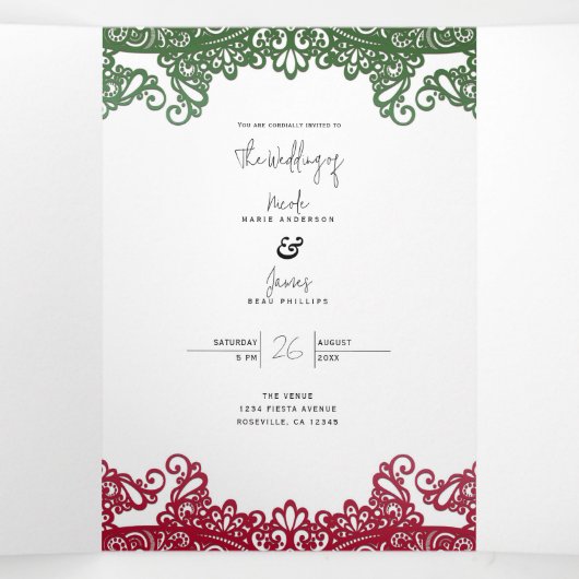Green & Red Lace Elegante Fiesta Wedding Dreifach Gefaltete Einladung (Innenseite Mitte)