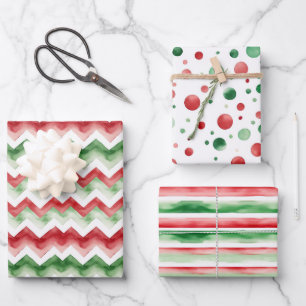 Green Red Merry Christmas Stripes Dots Geschenkpapier Set