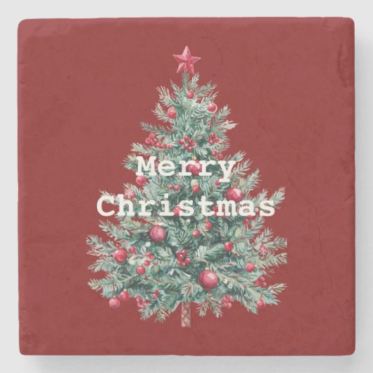 Green Red Merry Christmas Tree Steinuntersetzer (Vorderseite)