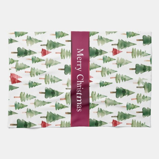 Green Red Merry Christmas Trees Geschirrtuch (Horizontal)