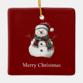 Green Red Merry Christmas Trees Snowman Keramikornament (Vorderseite)