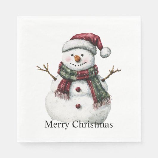 Green Red Merry Christmas Trees Snowman Serviette (Vorderseite)